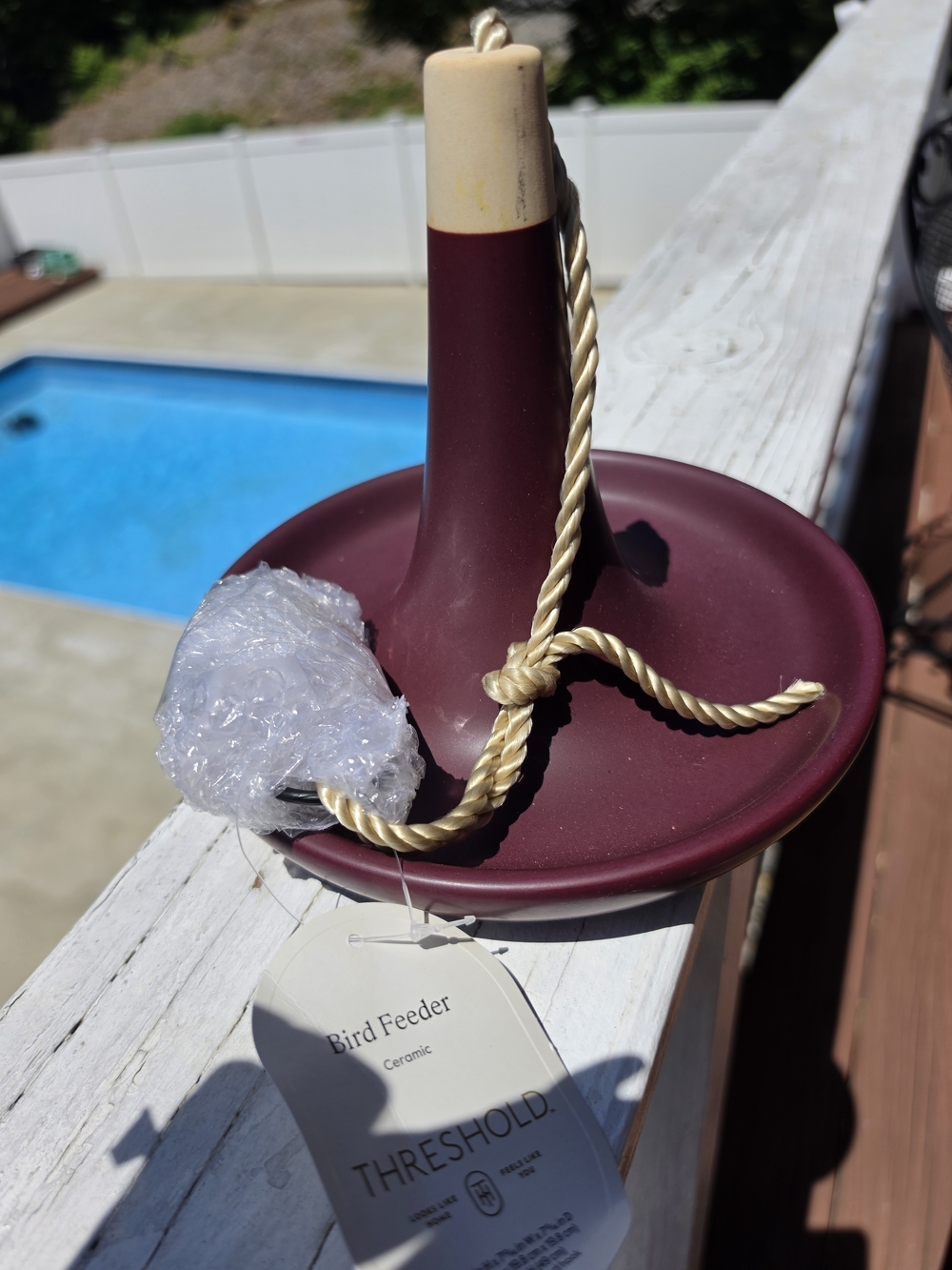 Threshold Maroon and Cream Ceramic Hanging Bird Feeder with Gold Cord